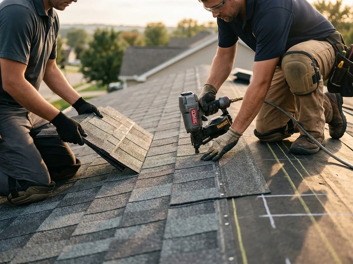 Professional roofer working on a residential roof in Tipton